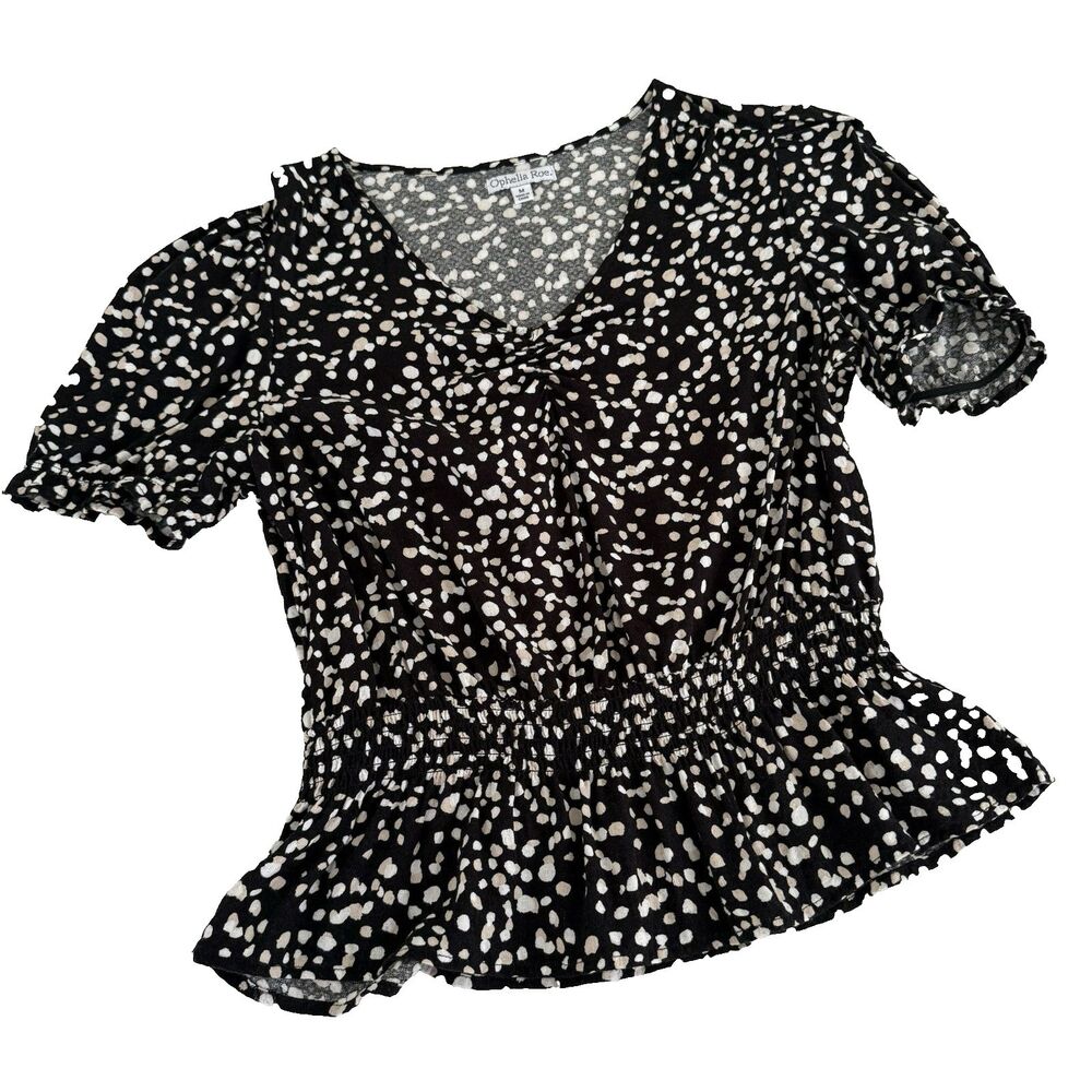 Ophelia Roe M Black White Beige Dot Vneck Smocked Waist Peplum Rayon Blouse
